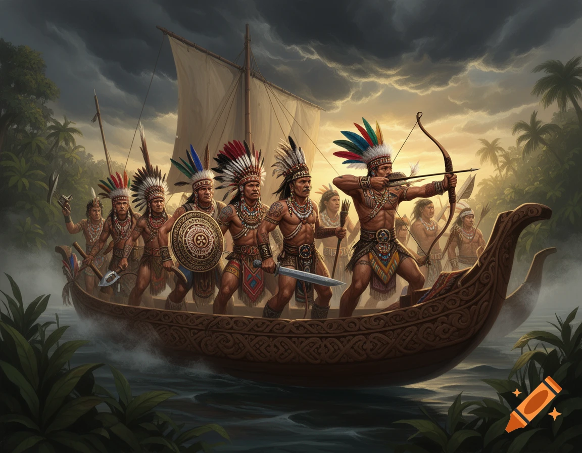 Fantasy art of tribal warriors with feathered headdresses in a decorated boat, one aiming a bow, on a tropical river at dusk.
