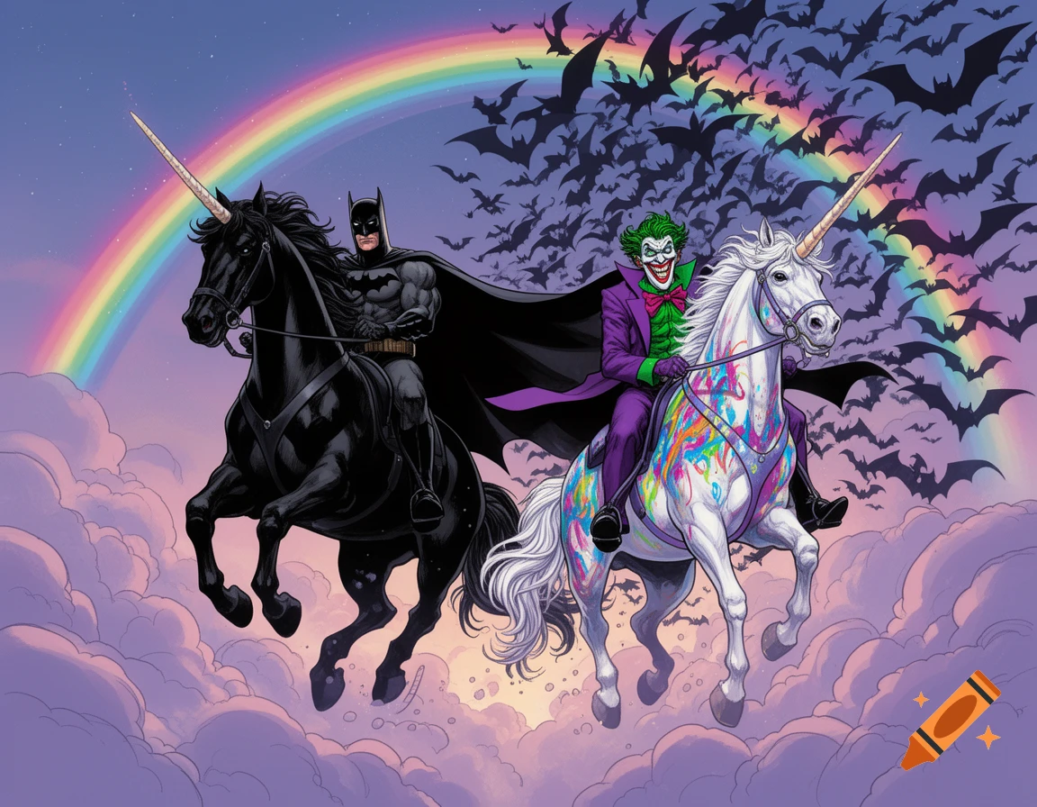 Batman on a black unicorn and the Joker on a colorful white unicorn ride through a rainbow sky filled with bats, comic art.