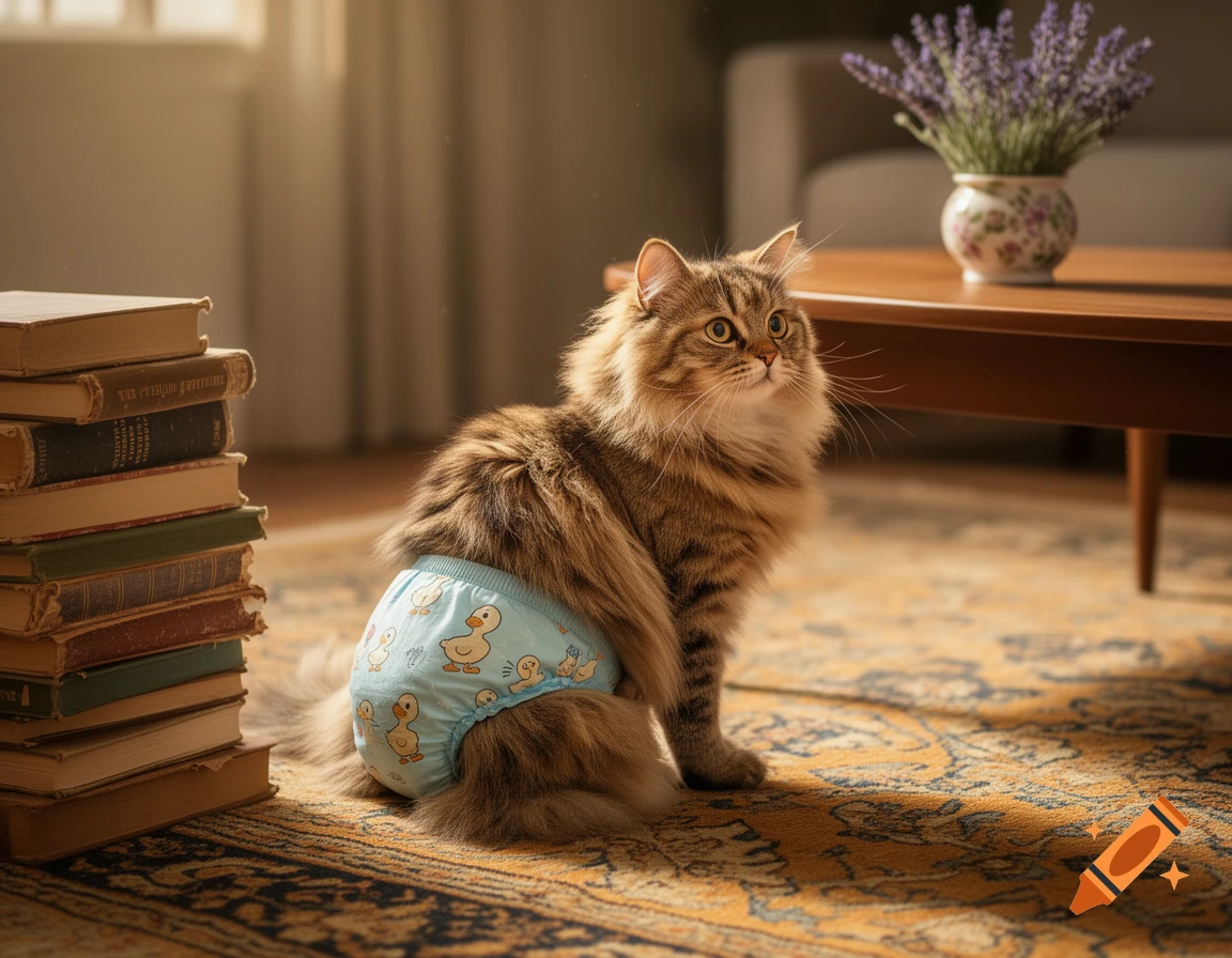 A fluffy tabby cat wearing a blue diaper with duck patterns sits on an ornate rug next to a stack of old books.