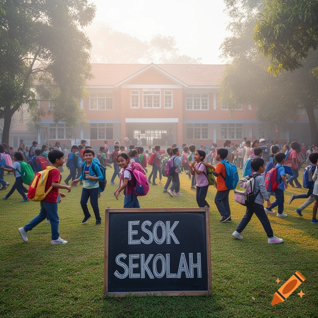 Many children with backpacks gather in a misty schoolyard with a red-brick school and a blackboard with 'ESOK SEKOLAH'.