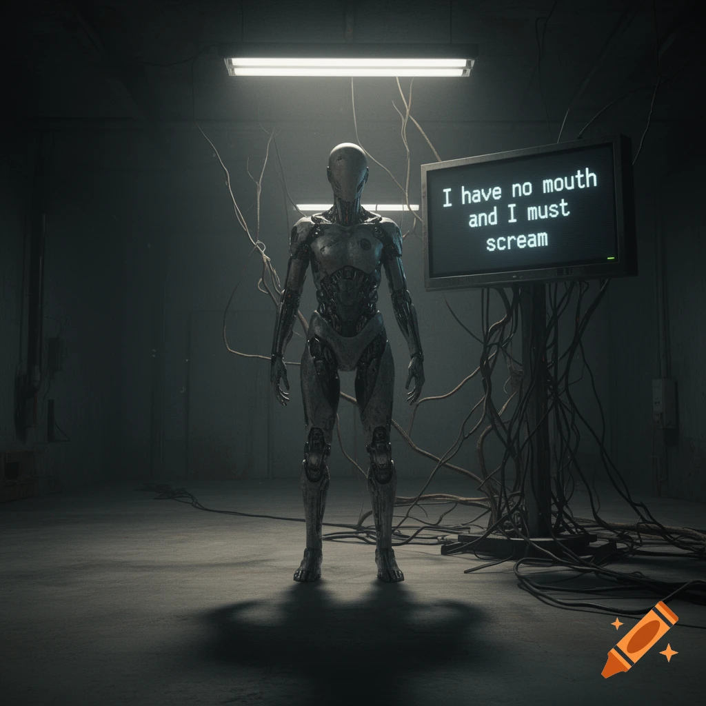 A robotic figure stands in a dimly lit, industrial room with a screen displaying 'I have no mouth and I must scream'.