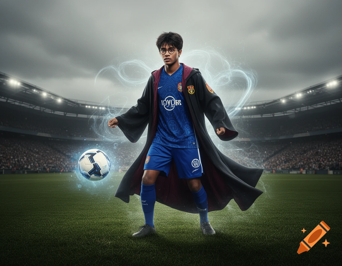 A male character, a fusion of Harry Potter and a soccer player, stands in a stadium wearing a robe and soccer uniform, holding a glowing soccer ball.