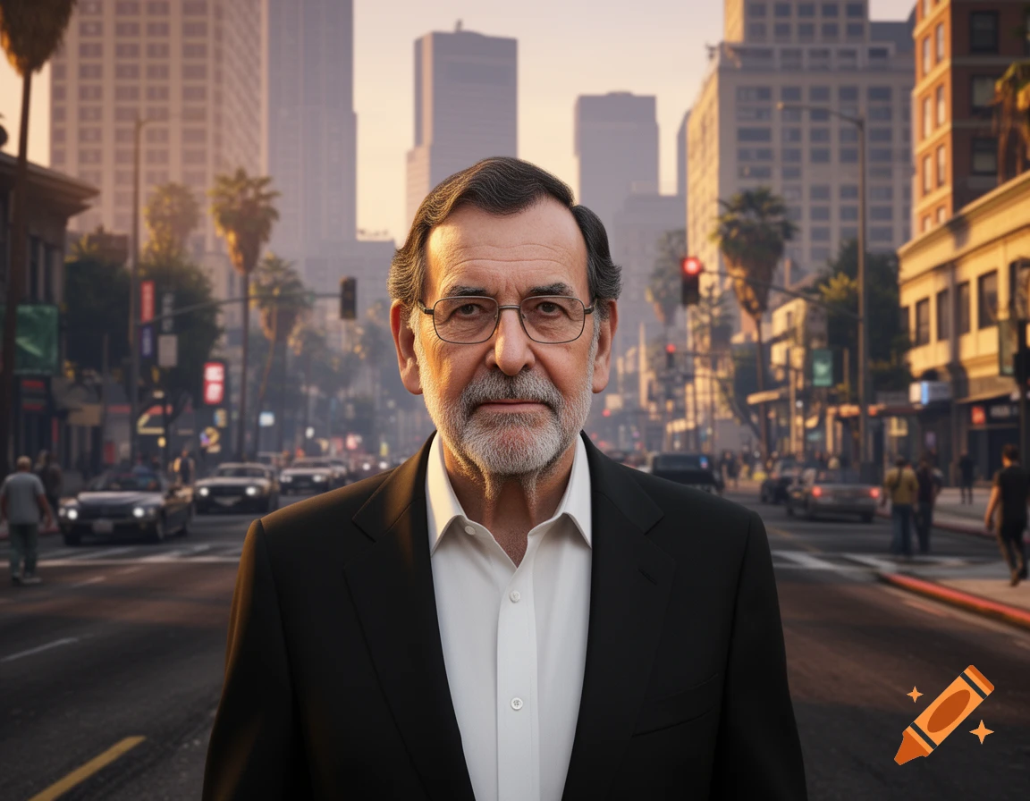 A man with a beard and glasses in a suit stands on a busy city street with tall buildings and palm trees, in a videogame art style.