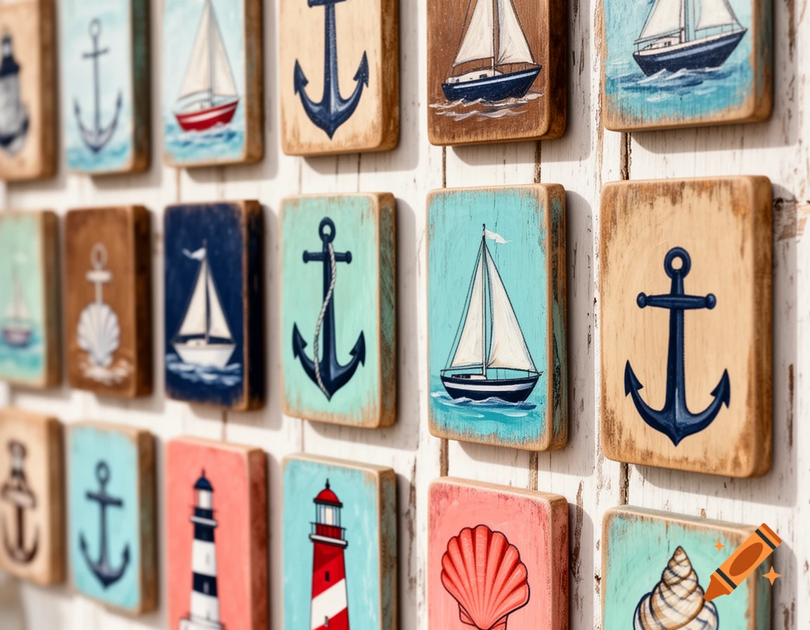 Close-up of numerous decorative wooden plaques with hand-painted nautical motifs including anchors, sailboats, lighthouses, and seashells on a distressed white background.