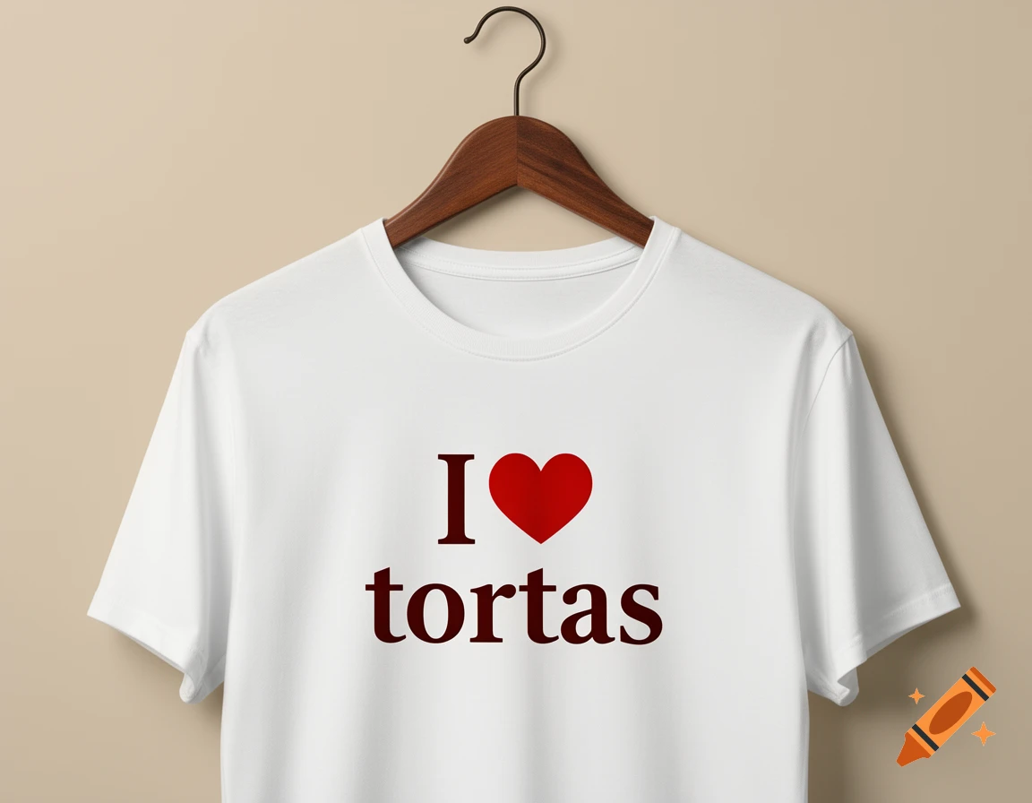 White t-shirt with 'I love tortas' in red, on a wooden hanger. Photorealistic product photo.