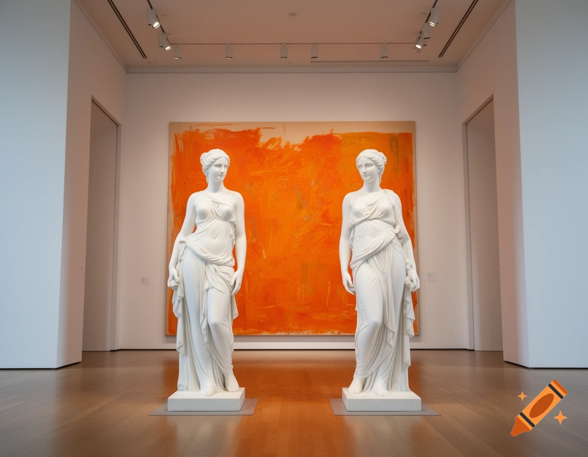 Two white marble classical statues stand side-by-side in a modern art museum, with a large abstract orange painting behind them.