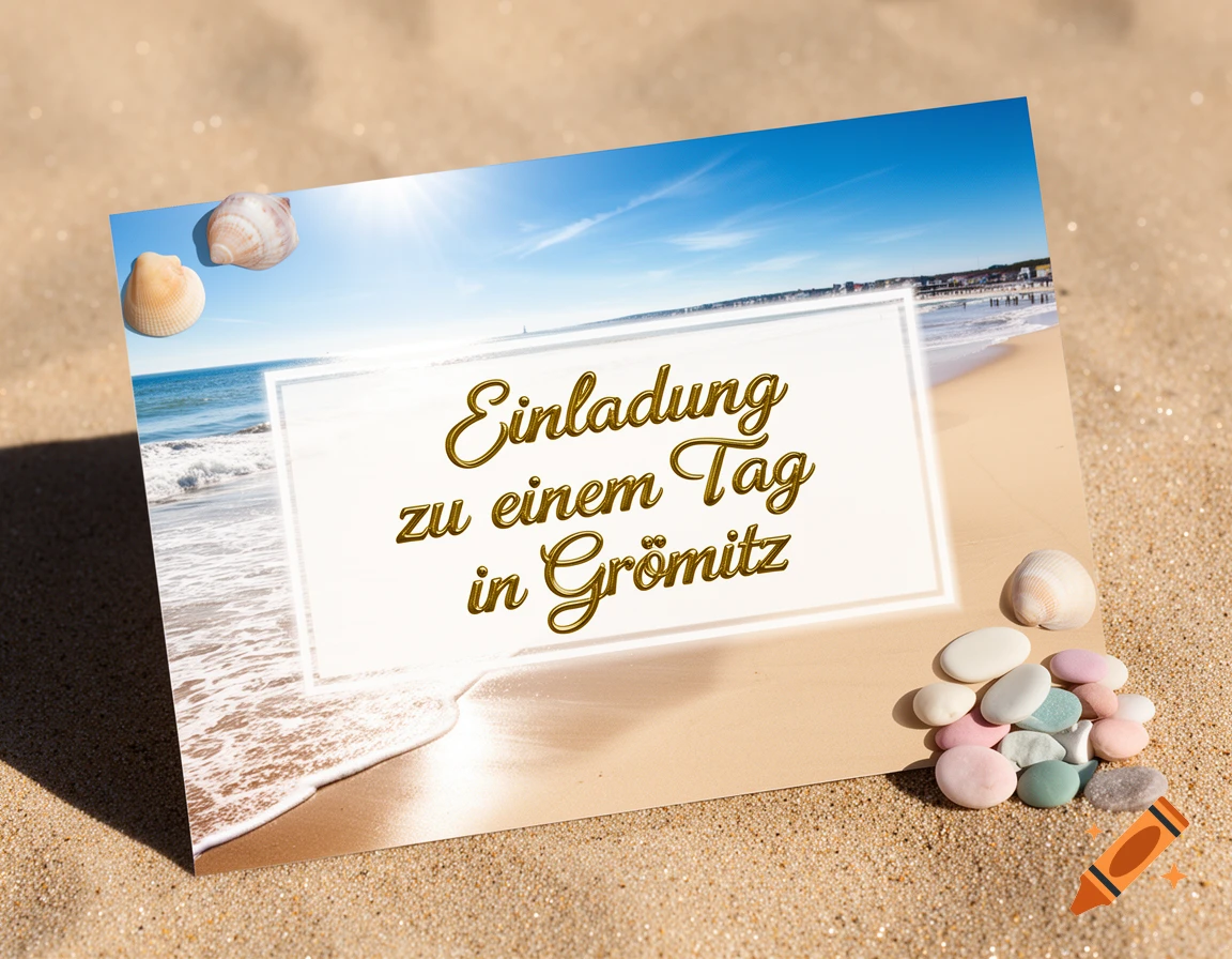 Photorealistic invitation card on a sandy beach with seashells, featuring a beach scene and text 'Einladung zu einem Tag in Grömitz'.