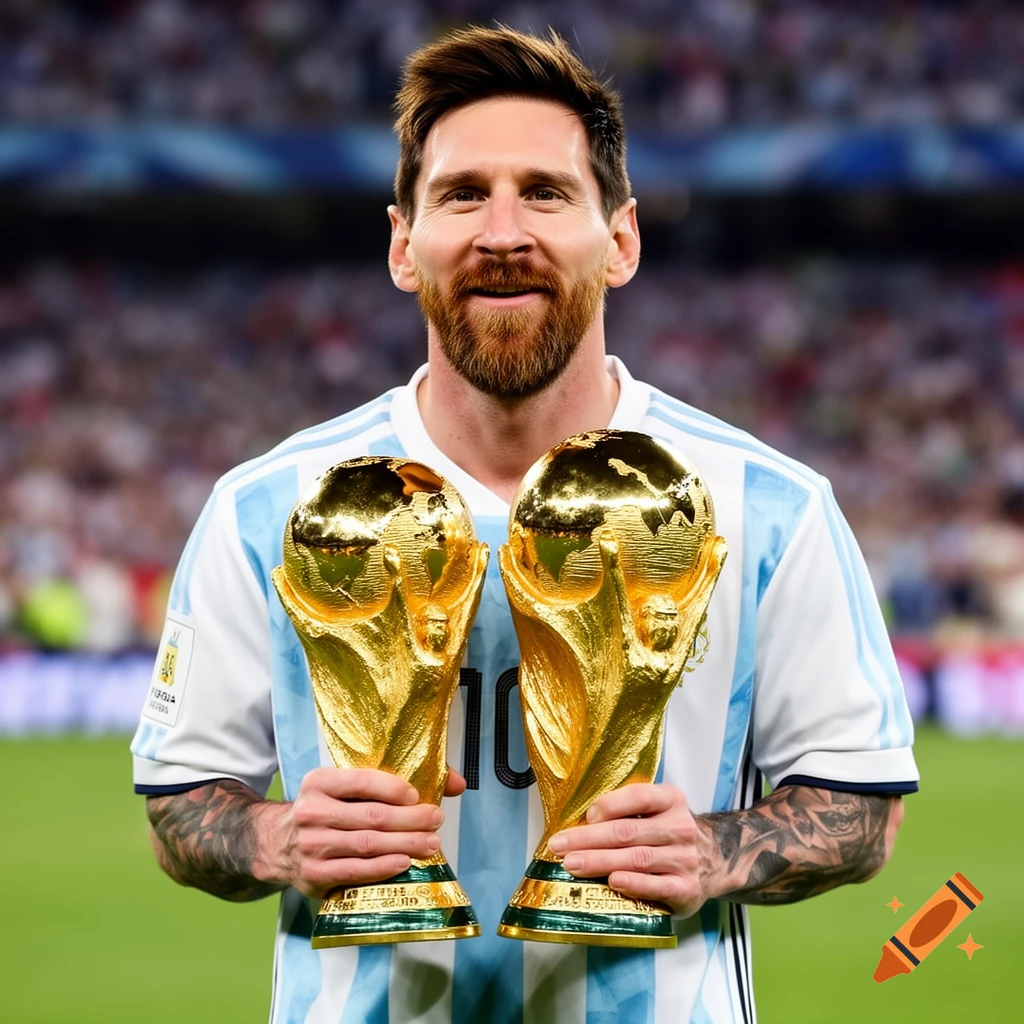 Lionel Messi smiles, holding two golden World Cup trophies, wearing an Argentina jersey on a football field.