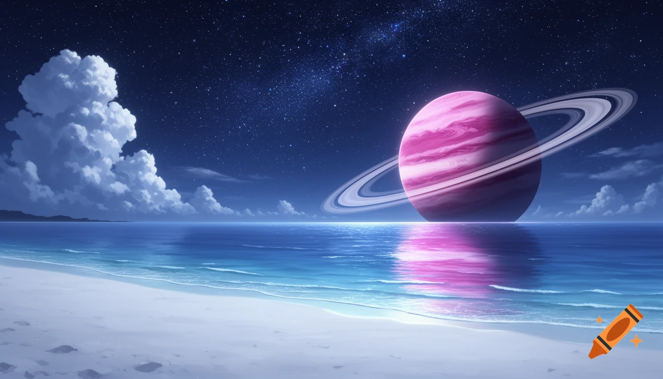A white sandy beach and calm sea under a starry night sky, with a large pink ringed gas giant planet reflecting in the water.