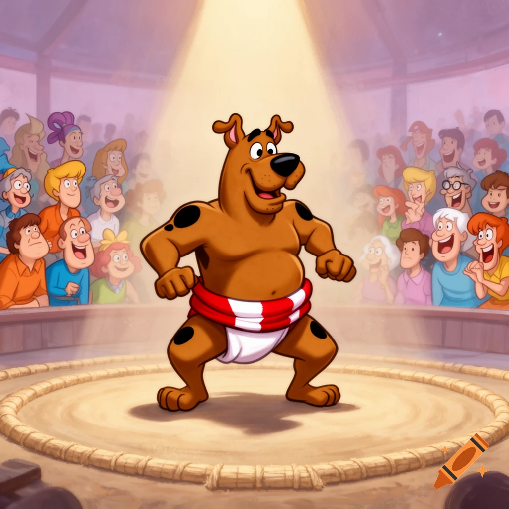 Scooby-Doo poses as a sumo wrestler in a ring, surrounded by a cheering cartoon audience.