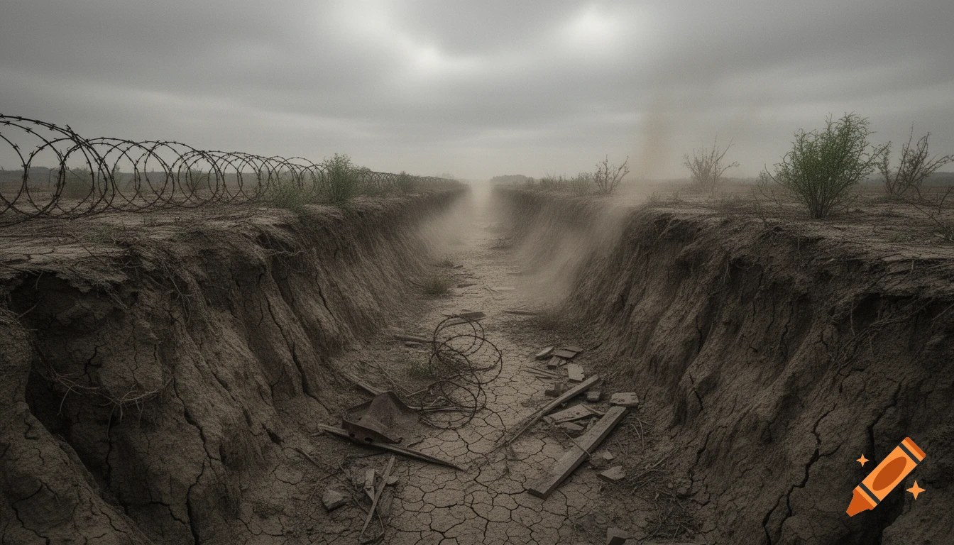 A desolate, post-apocalyptic trench stretches into a misty distance under a gloomy sky, with barbed wire along the edges and debris in the foreground.
