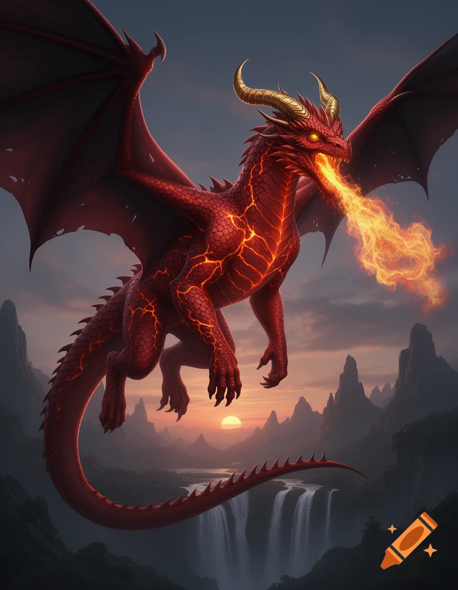 A majestic red dragon with lava-like cracks, golden horns, and black wings flies, breathing fire, over a mountain landscape at sunset with waterfalls.