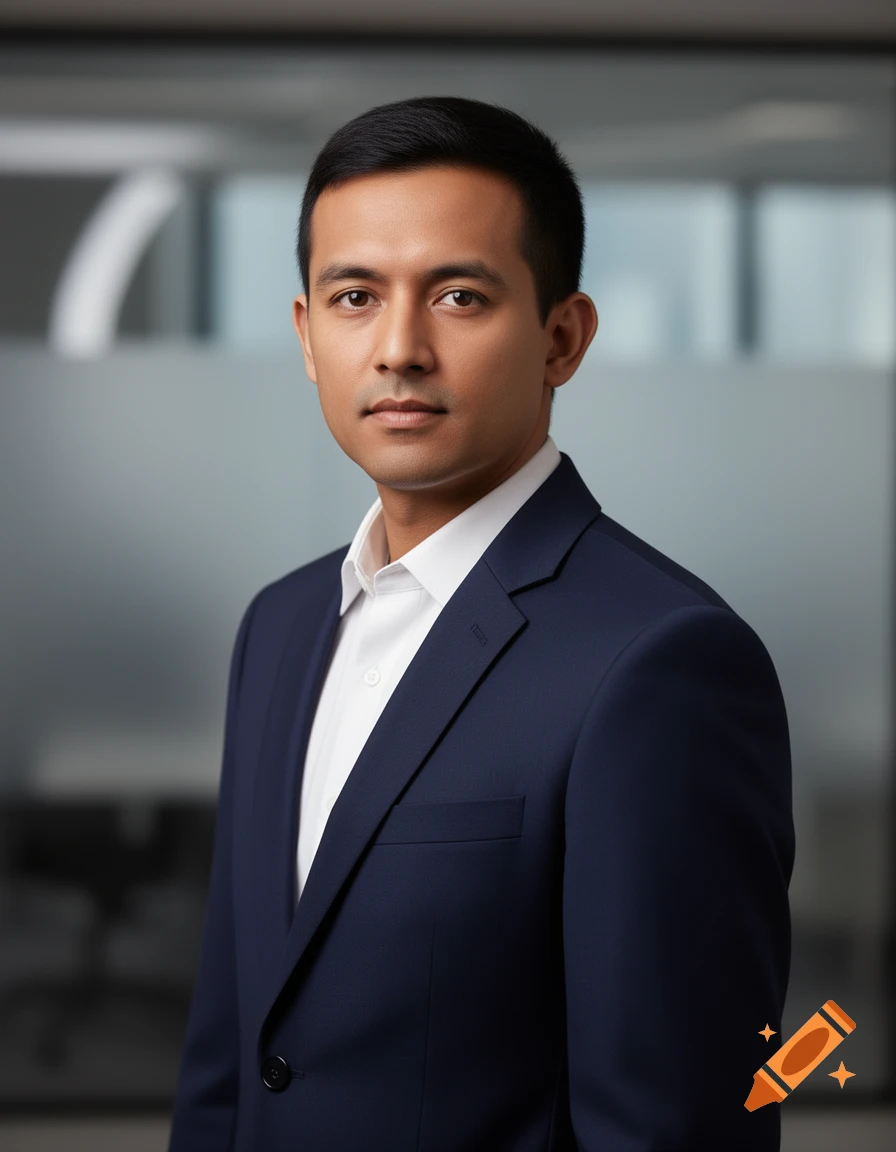 A serious man in a dark blue suit and white shirt looks directly at the camera in a modern office setting.