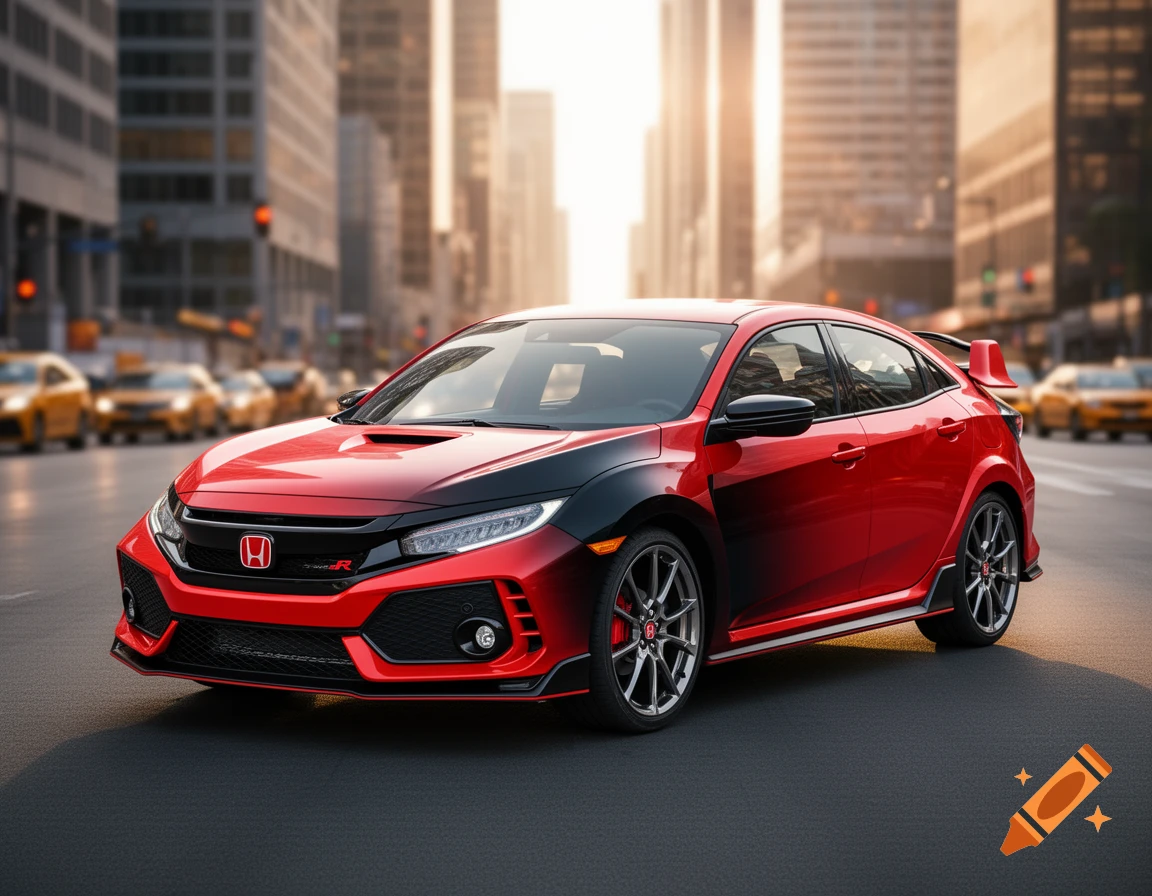A red and black Honda Civic Type R with a gradient paint job on a city street, tall buildings and yellow taxis in the background.