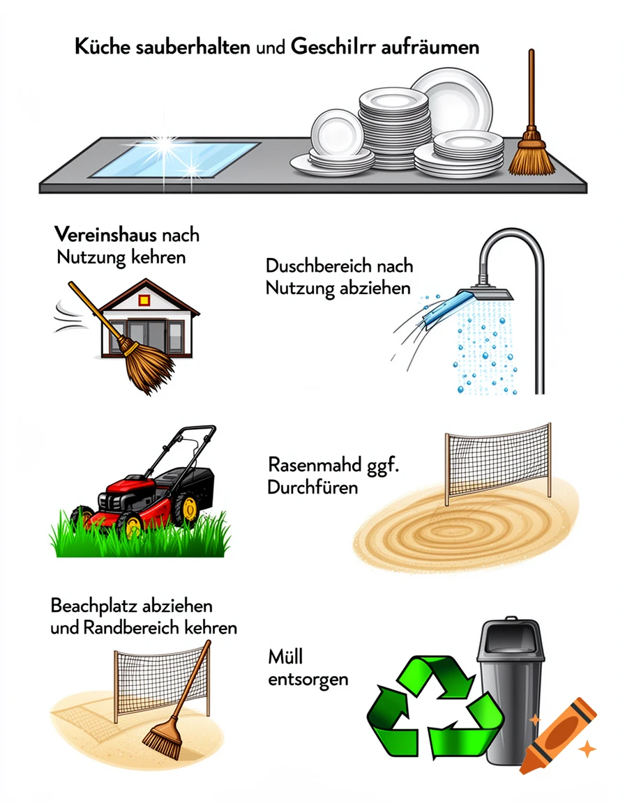 A set of cleaning and maintenance pictograms, including washing dishes, sweeping, showering, mowing, raking a beach court, and recycling.