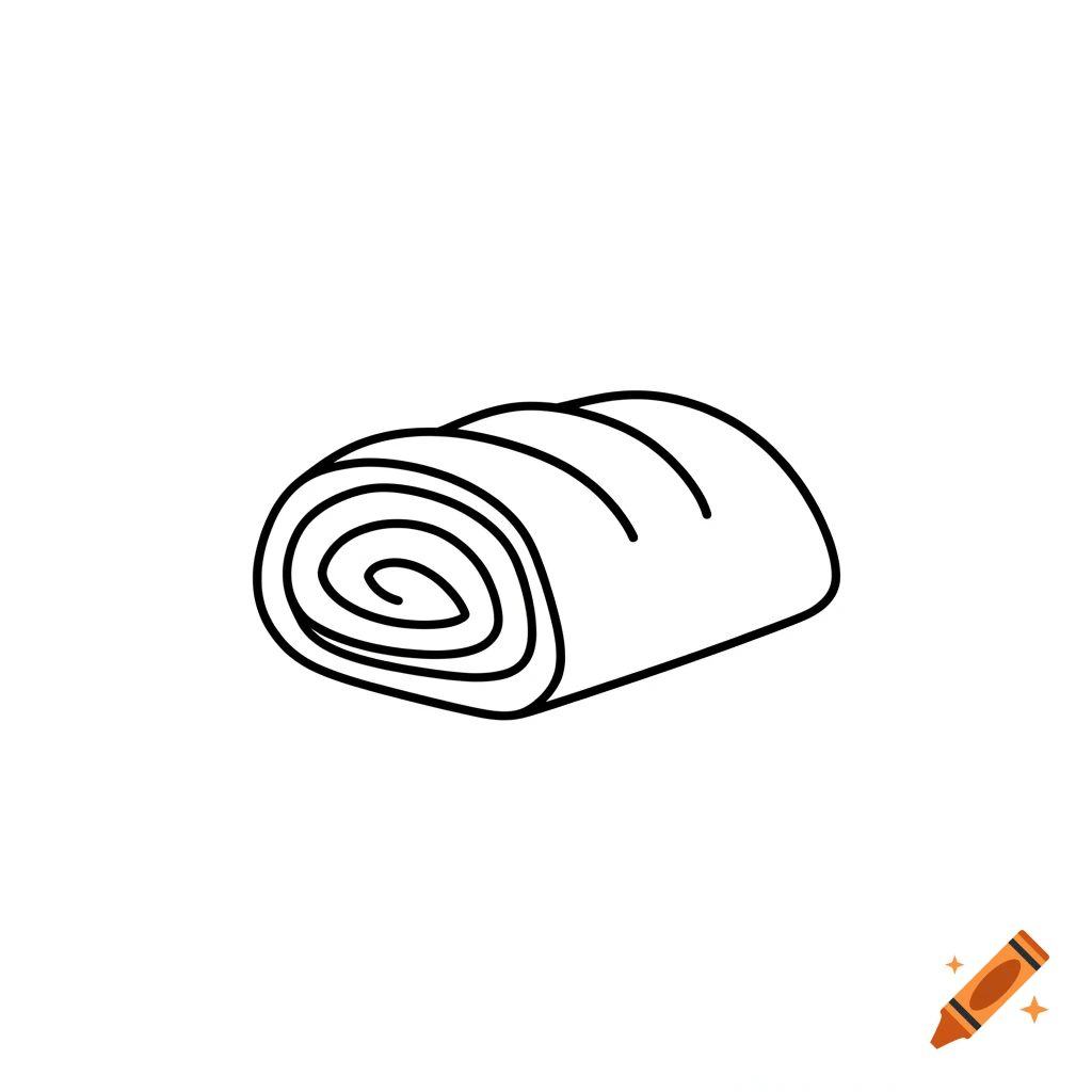 Minimalist black line art illustration of a rolled apple strudel on a white background.
