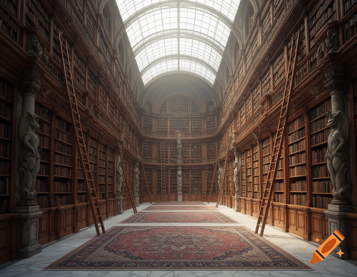 A vast, ornate library with towering wooden bookshelves, ladders, patterned rugs, and a bright, arched glass ceiling.