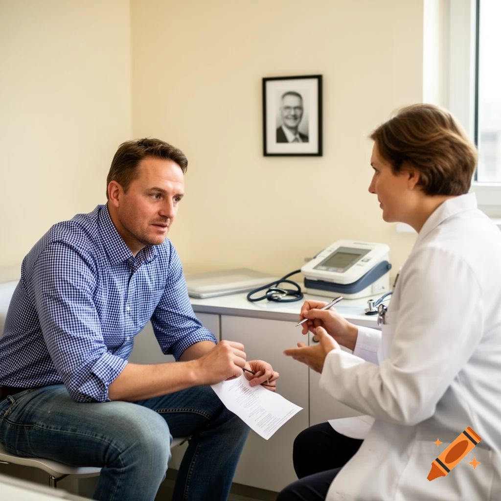 A male patient in a blue shirt discusses with a female doctor in a white lab coat in a consultation room.