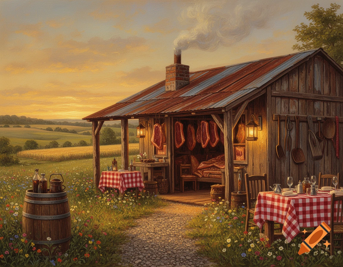 A rustic smokehouse with hanging meat on a porch, flanked by outdoor dining tables amidst wildflowers, under a golden sunset in a painting style.