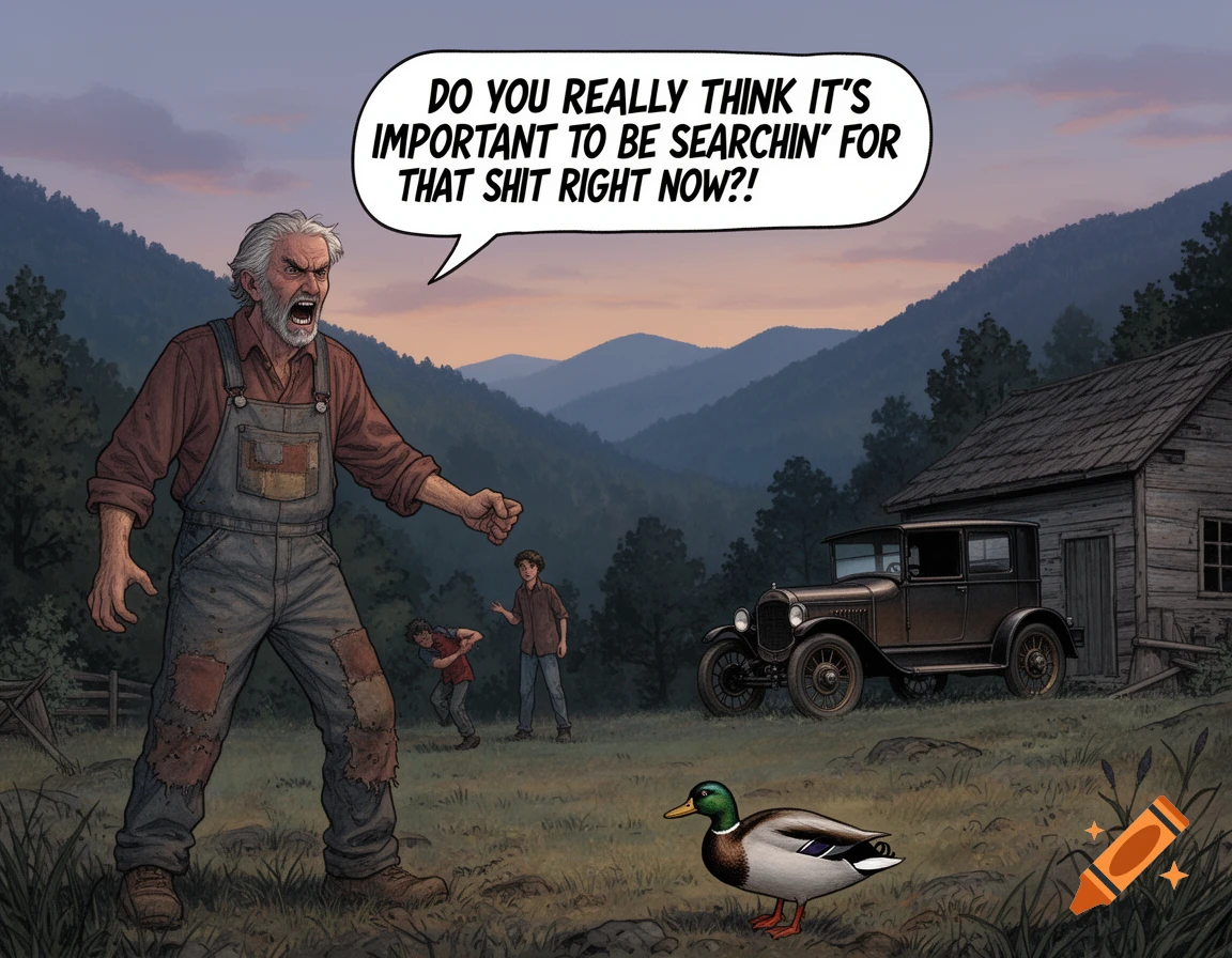 An angry old man in overalls yells at two boys in a rustic mountain scene with an old cabin, vintage car, and a mallard duck. Illustration.