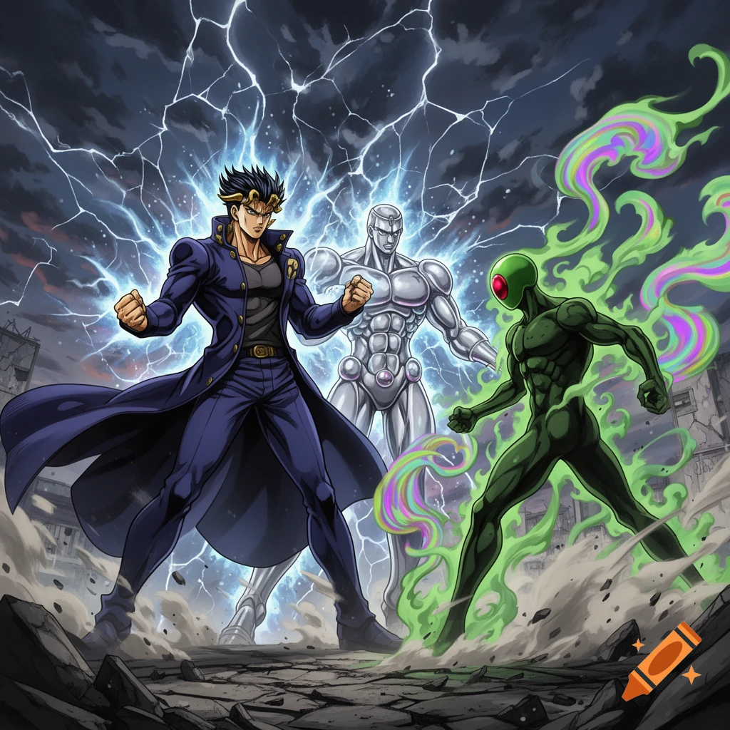 Anime battle of a man in blue with a silver stand against a green, red-eyed alien, amidst lightning and psychedelic smoke in a destroyed city.