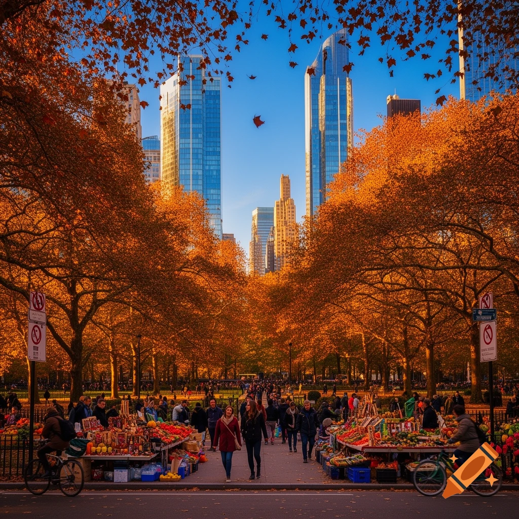 A vibrant autumn scene in a city park with tall skyscrapers in the background. Rows of orange-leafed trees line a path where people browse market stalls filled with produce.