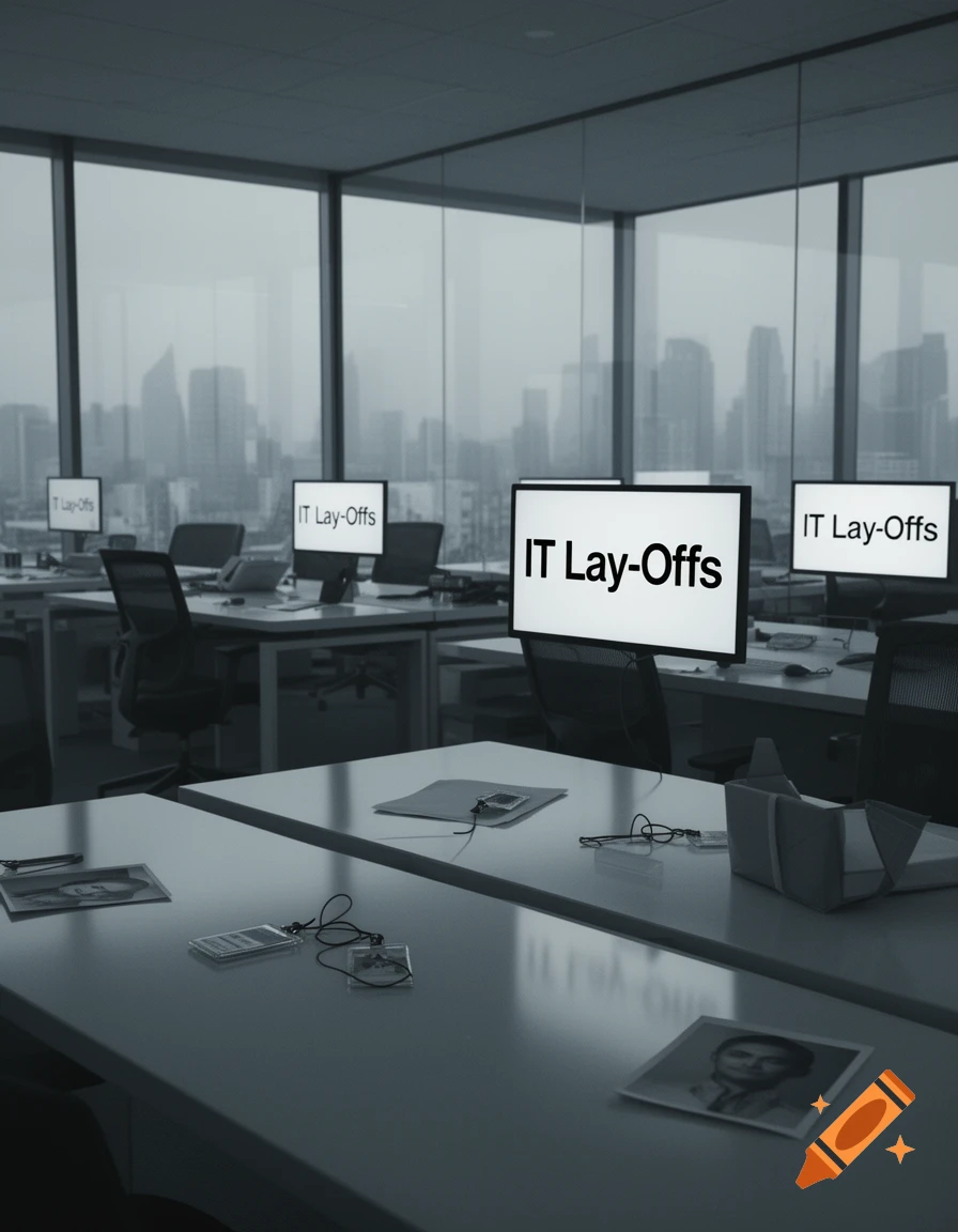 A grayscale image of an empty modern office with city views, computer monitors displaying "IT Lay-Offs," and personal items left on desks.