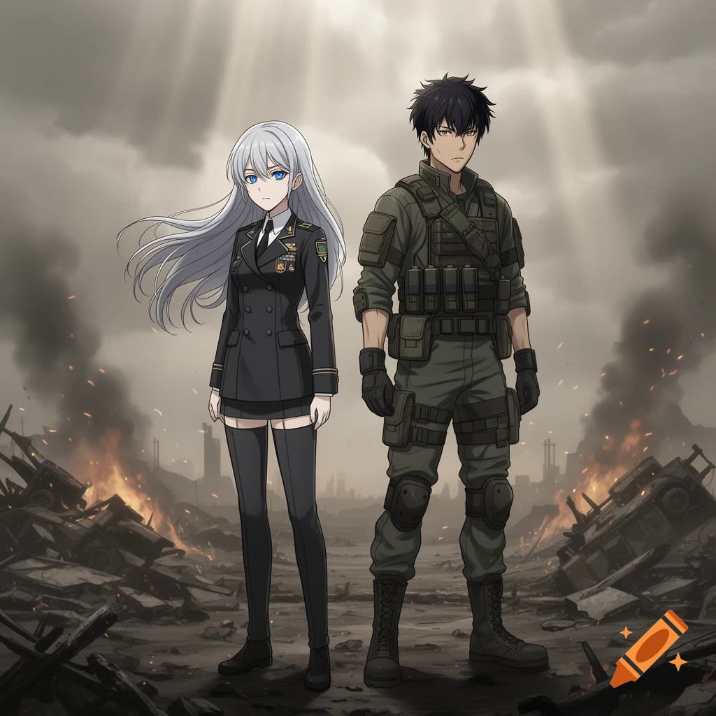 Two anime characters, a white-haired woman in a black military uniform and a black-haired man in green fatigues, stand in a war-torn, burning city.