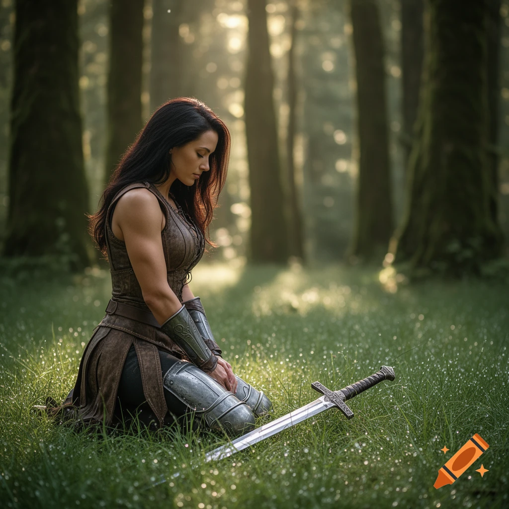 A photorealistic warrior woman in leather and metal armor kneels in a sunlit forest, a sword resting beside her in dewy grass.