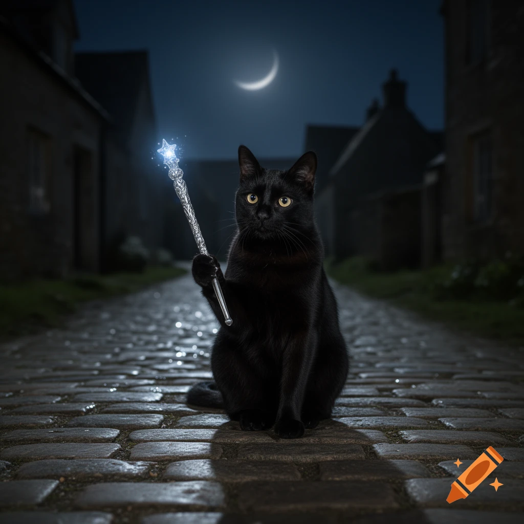 A photorealistic black cat sits on a cobblestone path at night, holding a glowing magic wand under a crescent moon.