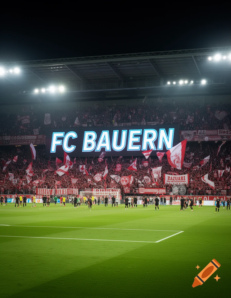 A night view of a packed soccer stadium with players on the field and 'FC BAUERN' displayed on a large screen above the crowd.