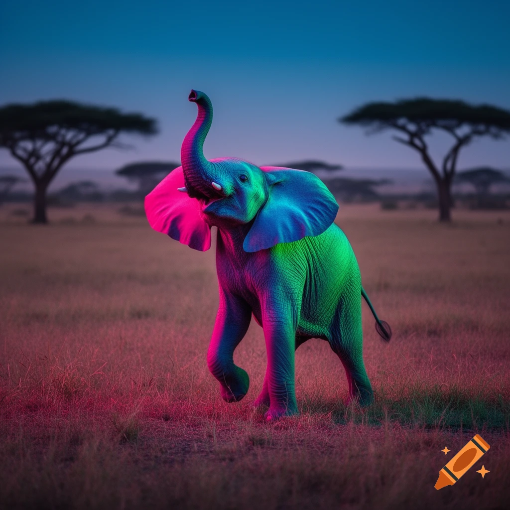 A neon-colored baby elephant with glowing pink and blue ears in a savannah at dusk, trunk raised.