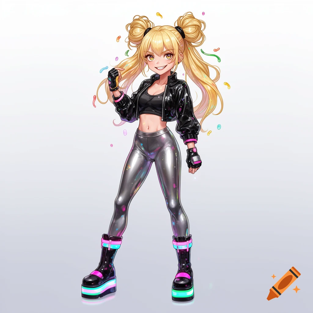 Anime character with blonde pigtail buns, black crop top and jacket, shiny silver leggings, and neon platform boots, smiling.