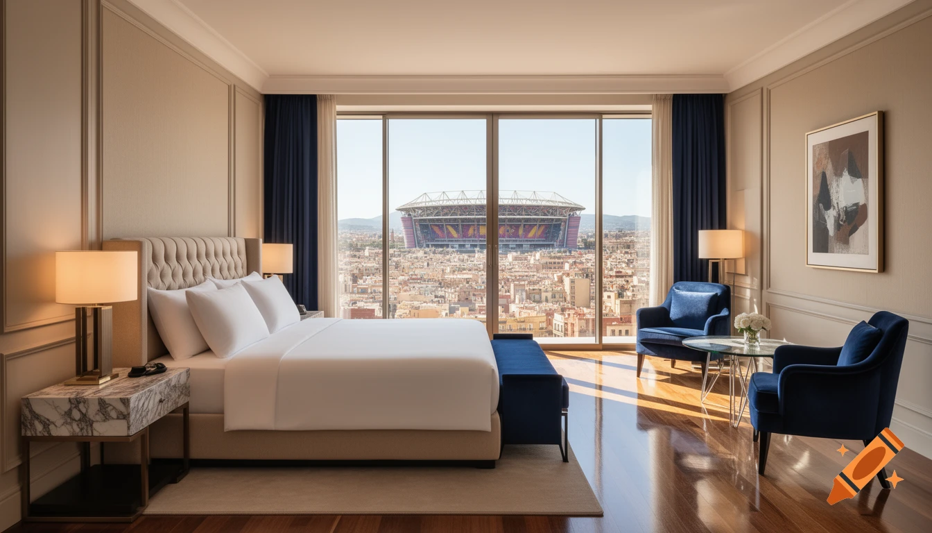 Luxurious hotel room with a king-size bed and two blue armchairs, looking out through large windows over a city and a stadium.