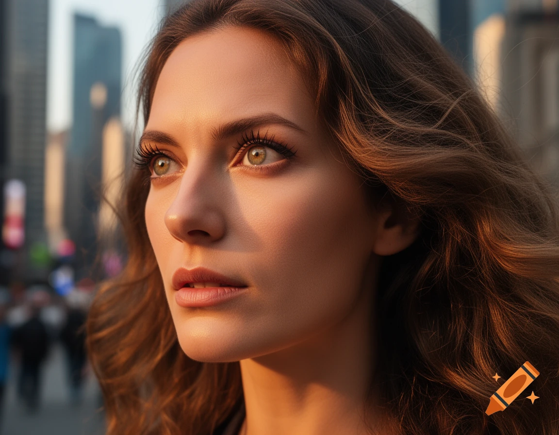 Close-up photorealistic portrait of a woman with long wavy brown hair and light eyes, illuminated by golden hour sun, looking up, with a blurred city background.