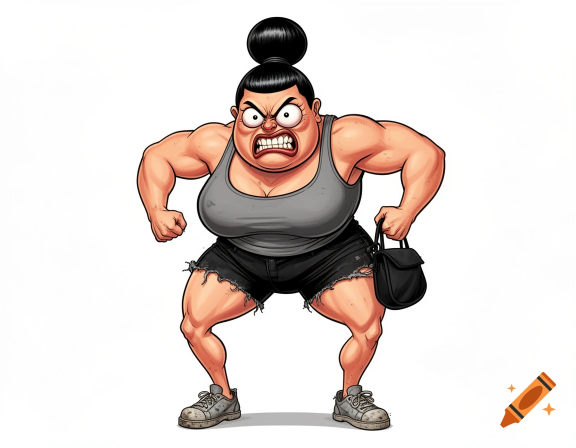 A muscular, angry cartoon woman with black hair in a bun wears a grey tank top, ripped black shorts, and sneakers, holding a black handbag.