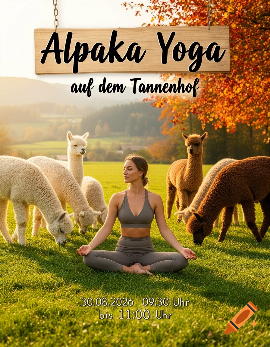 A woman in yoga attire meditates on a green field with alpacas, under a sign reading 'Alpaka Yoga'.