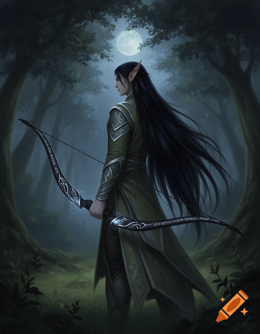 An elf prince with long dark hair holds an ornate bow in a moonlit forest. He wears green and silver armor.