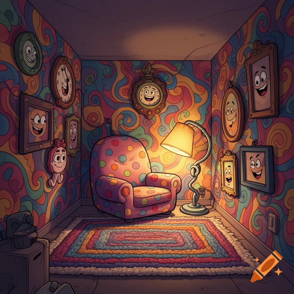A vibrant, whimsical cartoon room with a polka-dotted armchair, colorful rug, lamp, and walls adorned with smiling clocks and framed faces.