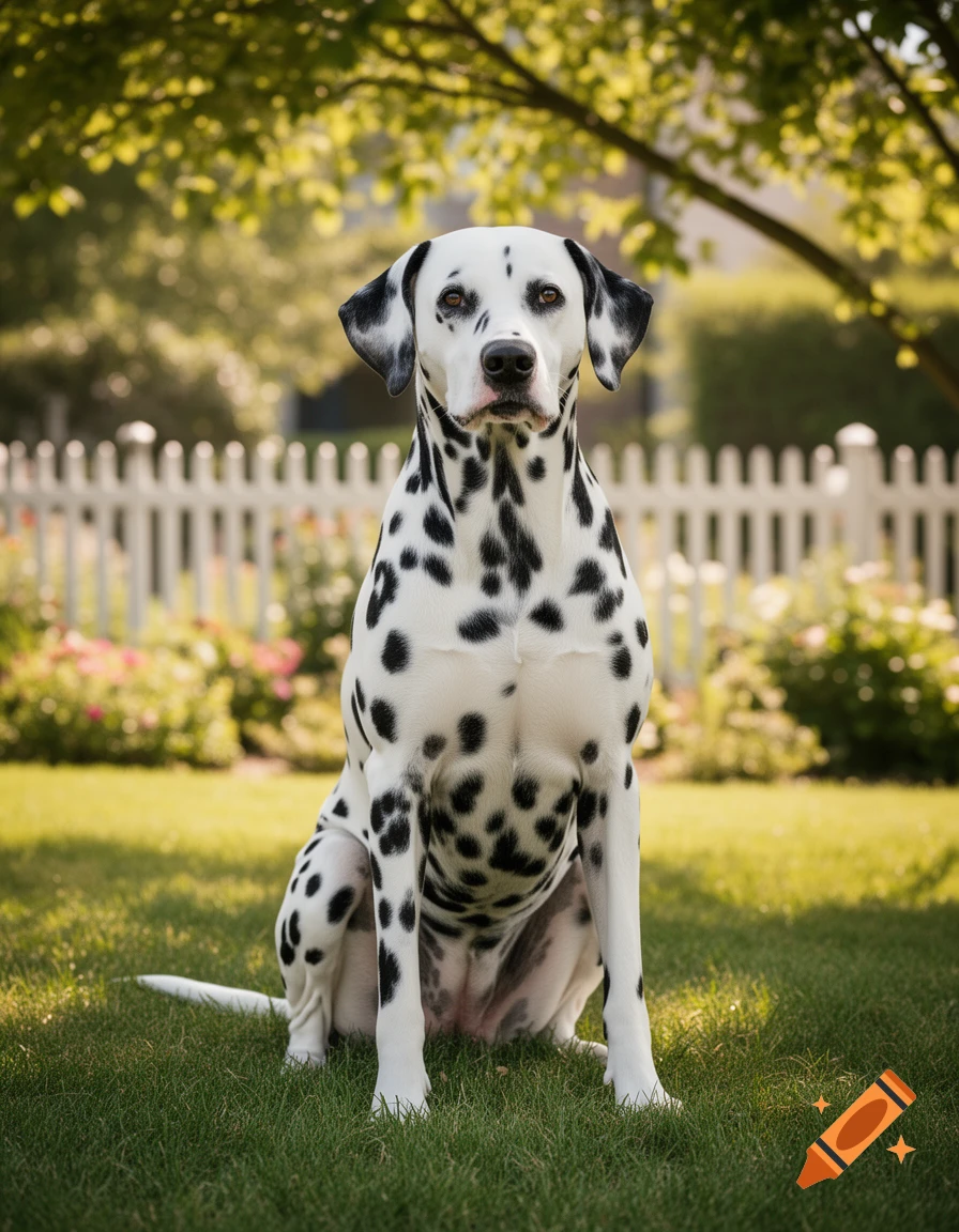A photorealistic Dalmatian dog sits on green grass in a sunny garden with a white picket fence.