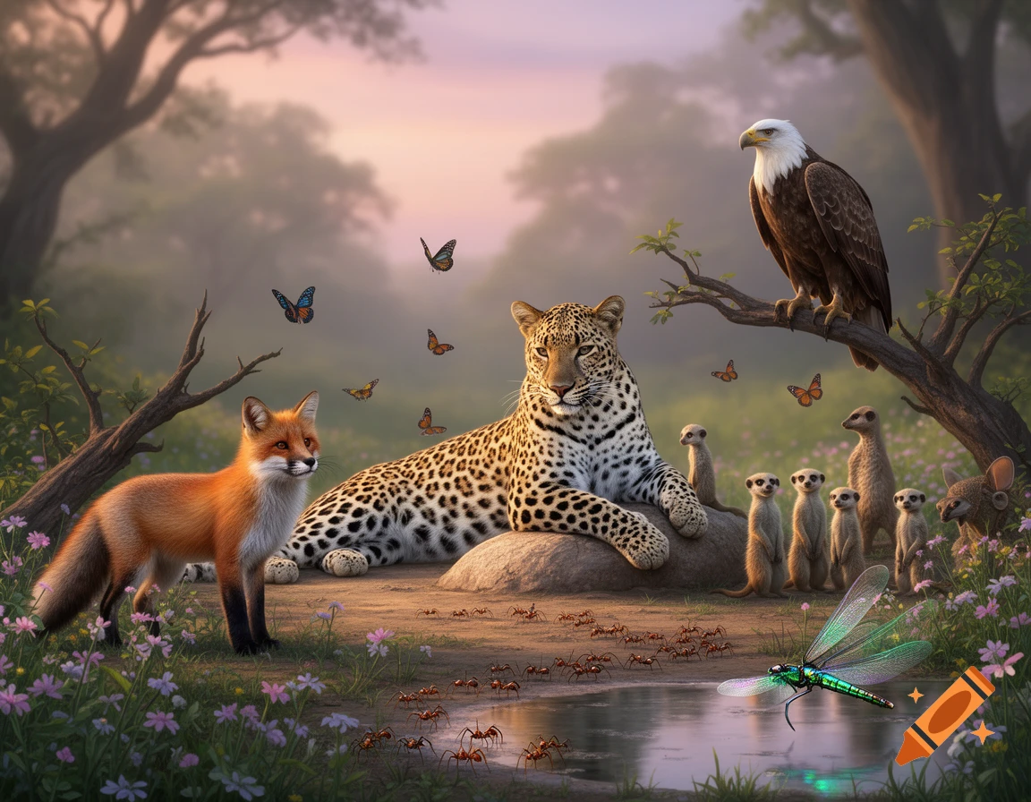 A photorealistic scene of a leopard, fox, eagle, meerkats, and various insects by a forest pond at sunset.