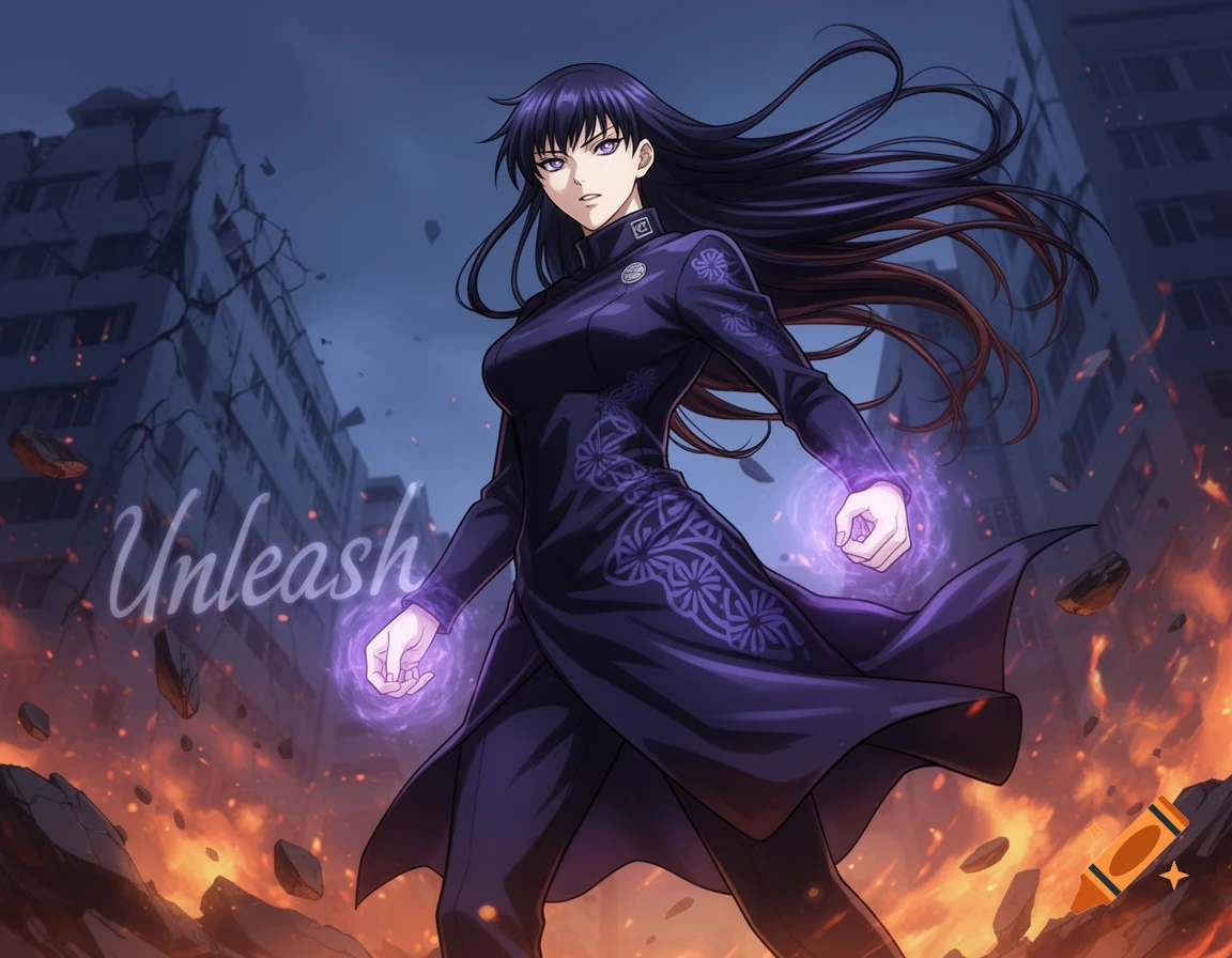 An anime woman with long dark hair and purple eyes, wearing a dark purple coat, stands amidst a ruined, fiery city with energy glowing from her hands. The word 'Unleash' floats beside her.