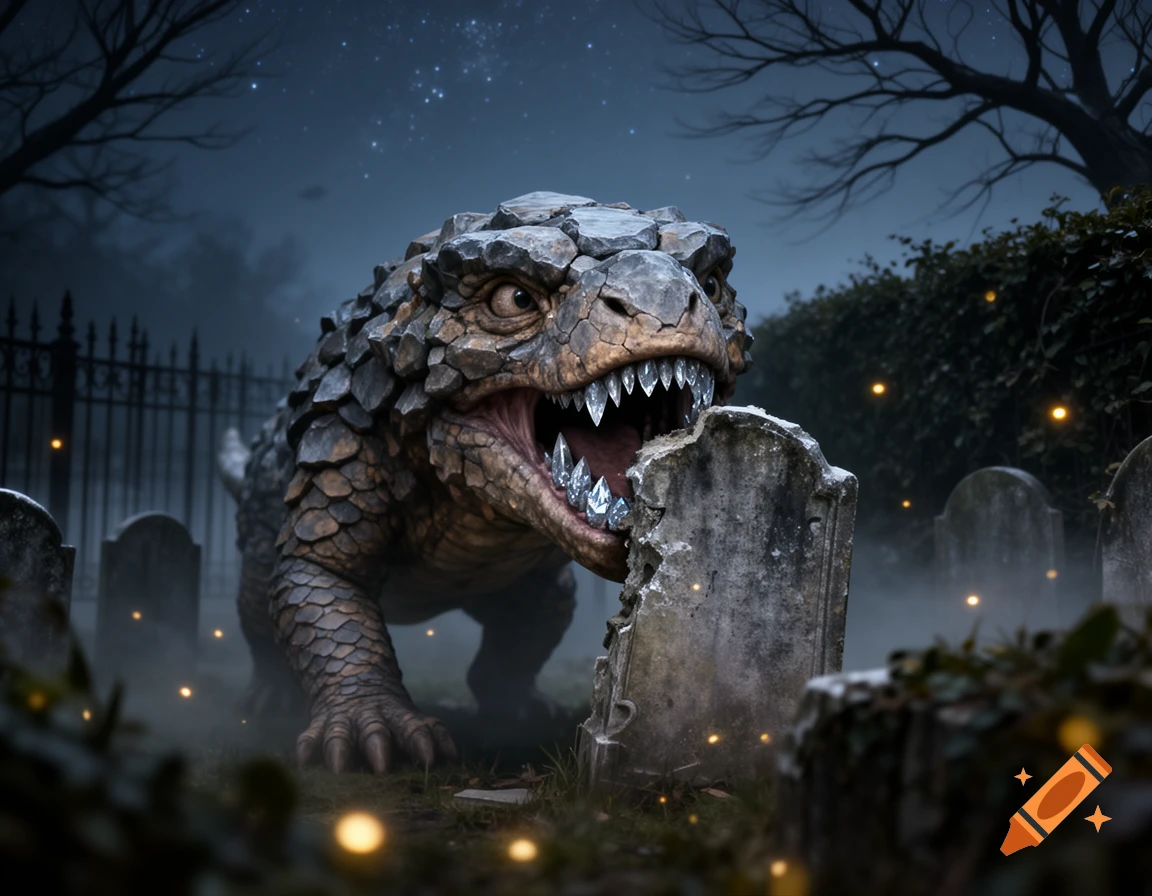 A large, scaly, rock-like creature with sharp teeth emerges from behind a broken tombstone in a foggy graveyard at night, with glowing specks of light.