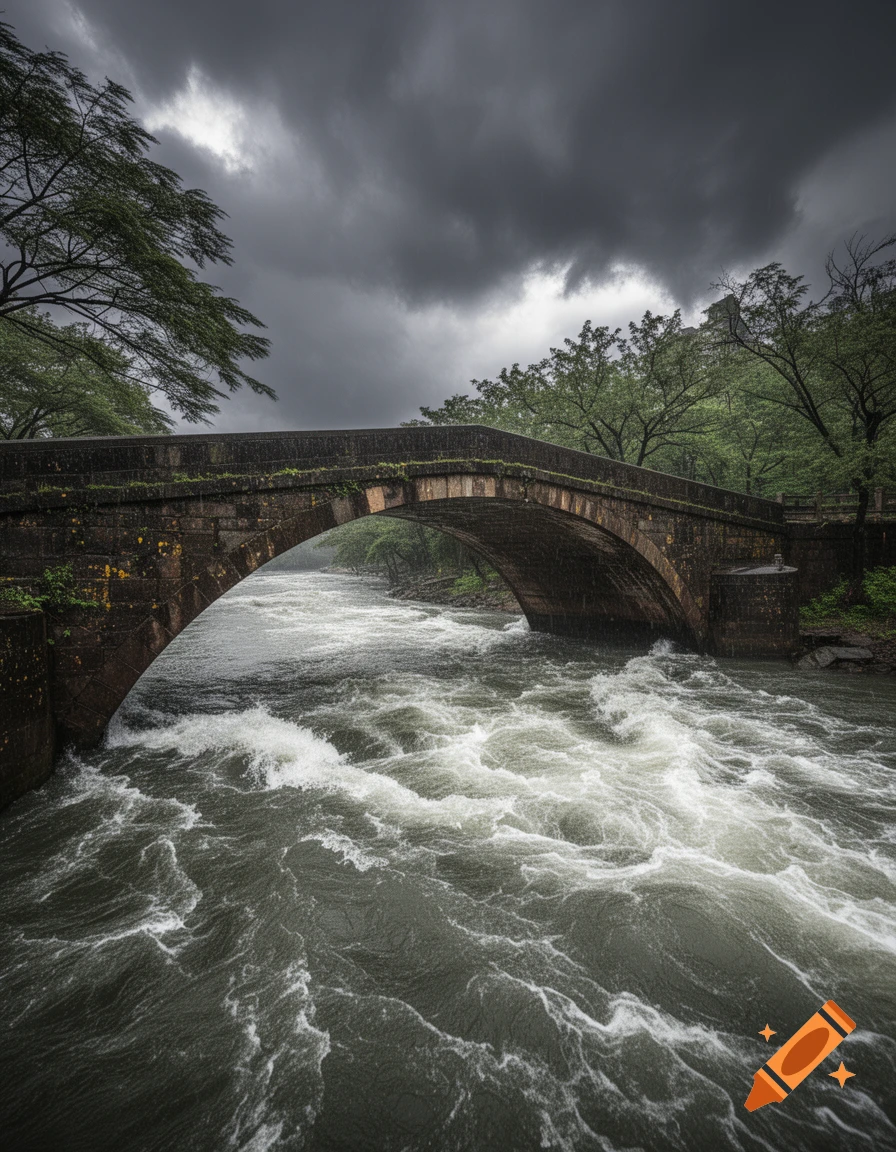 A stone arch bridge spans a turbulent, whitewater river under a dark, stormy sky, surrounded by lush green trees.