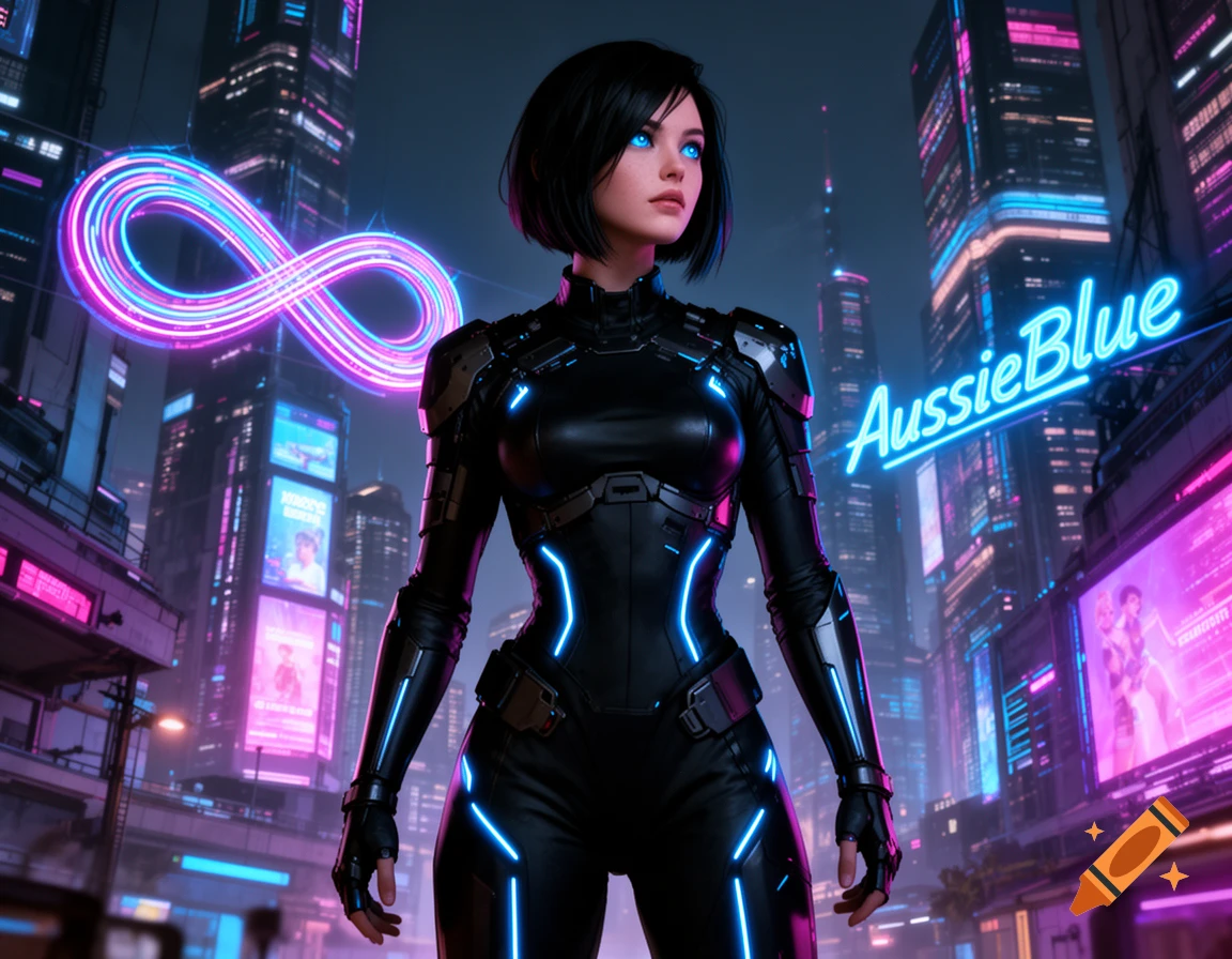 Cyberpunk woman in a black and blue glowing suit in a neon city, with a glowing infinity symbol and 'AussieBlue' sign.
