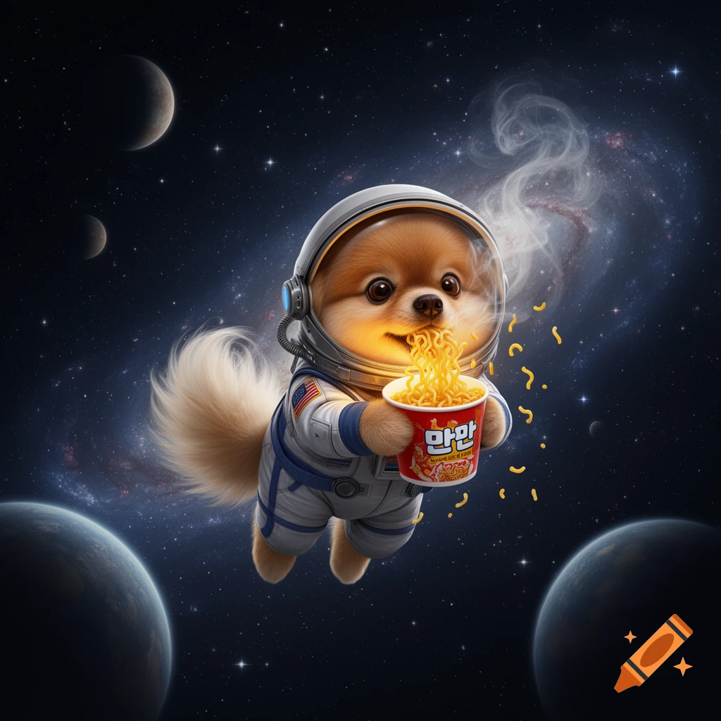 A cute Pomeranian dog astronaut floats in space, eating ramen noodles from a red cup amidst planets and stars.