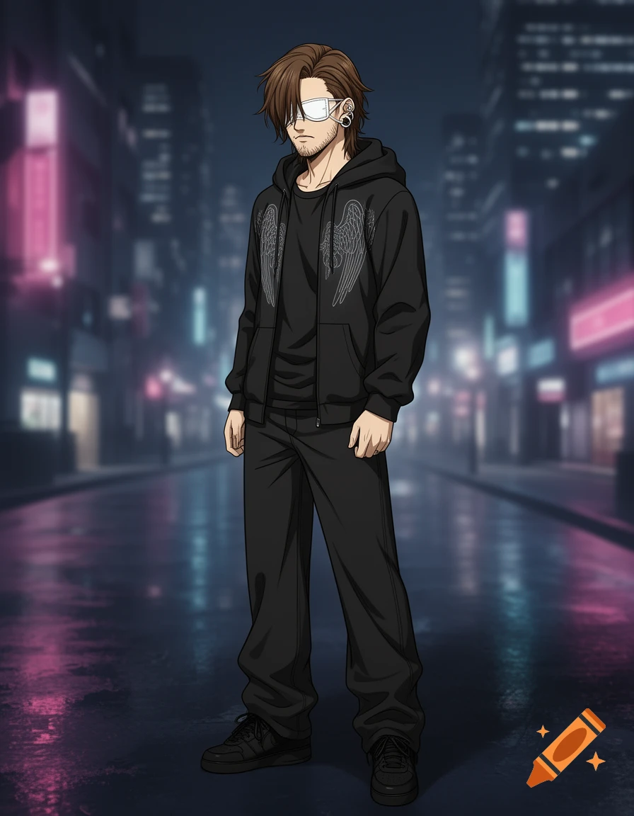 Anime man with brown hair, white eyepatch, beard, black hoodie with angel wings, black wide-leg jeans, and sneakers, standing on a neon-lit city street at night.