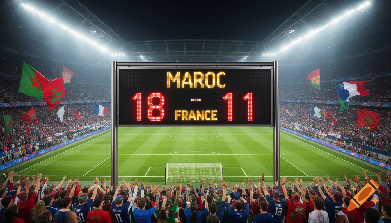 A packed football stadium at night with bright lights, a central scoreboard displaying MAROC 18 - FRANCE 11, and a cheering crowd waving flags.