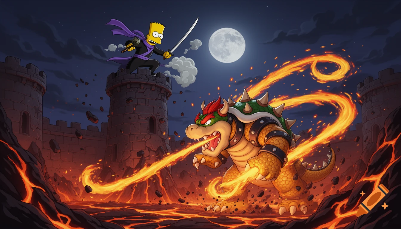 Bart Simpson as a ninja fights Bowser in a dramatic volcanic fortress at night, Bowser breathing fire, under a full moon in a cinematic animated style.