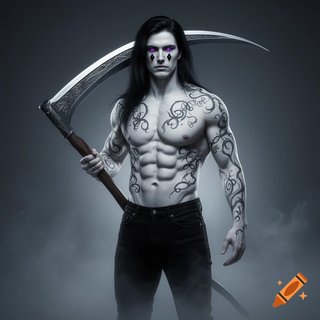 Photorealistic image of a pale, muscular man with long black hair, purple eyes, and tattoos, holding a large scythe.